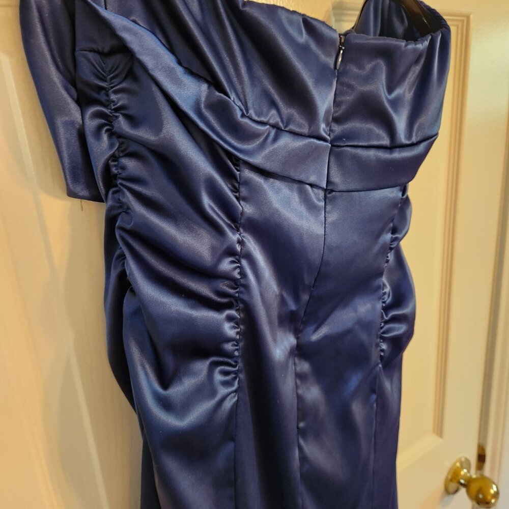 XSCAPE Long Blue Satin Prom Dress